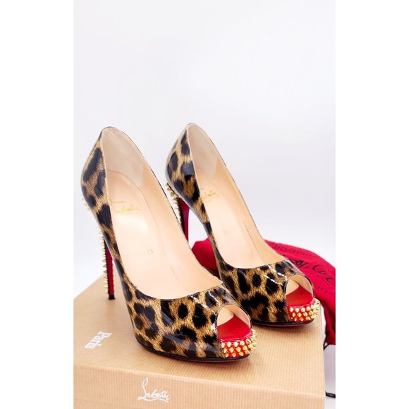 Christian Louboutin Pumps NEW VERY PRIVE Leopard Gold Peep Toe Heels Size 37.5 - Picture 2 of 10
